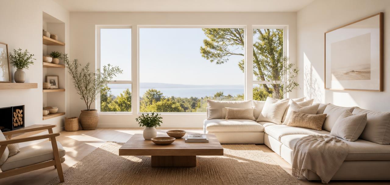 Sunlit New Jersey living room with freshly cleaned windows and linen pillows